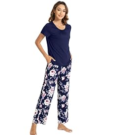 WiWi Bamboo Viscose Pajamas for Women Super Soft Cooling Loungewear Short Sleeve Tops and Long Pants Sleepwear S-XXL