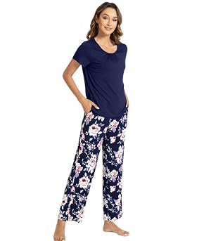 WiWi Bamboo Viscose Pajamas for Women Super Soft Cooling Loungewear Short Sleeve Tops and Long Pants Sleepwear S-XXL
