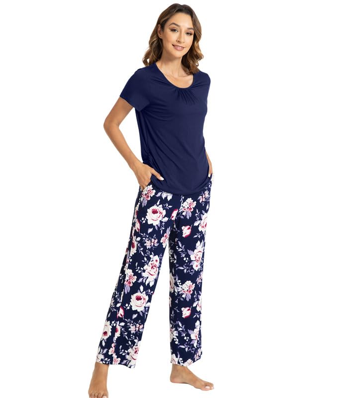 WiWi Bamboo Viscose Pajamas for Women Super Soft Cooling Loungewear Short Sleeve Tops and Long Pants Sleepwear S-XXL