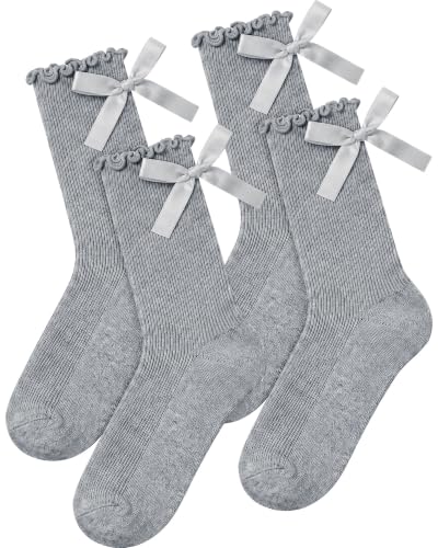 Syhood 2 Pairs Women Breathable Cotton Socks with Bow Ruffle Crew Soft Ankle Thin Cute Frilly Socks (Grey Color)