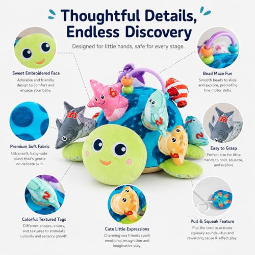 Baby Sensory Pull Out Toys – Soft Plush Turtle with 8 Detachable Baby Animals, Crinkle Paper & Rattle, Montessori Fine Motor Skill Toy for 6-12 Months Infant, Toddler 1-3 Year Old — view 6