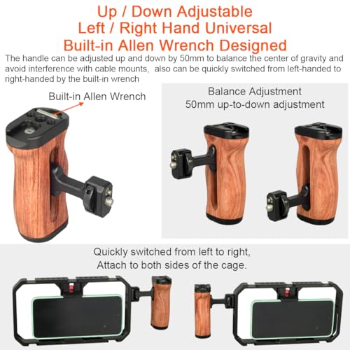 Image of Wooden Camera Cage Side Handle Grip with 1 /4 inch Screw Locating Mount for ARRI, Mini Side Handle for Smartphone Cage Video Rig and Action Camera Cage Compatible with Gopro /Insta360 /DJI Osmo