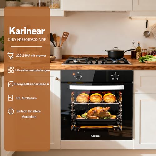 Karinear Backofen Einbaugerät 60cm, 65L einbaubackofen Knopfsteuerung 4 Funktionen, 2000W Backofen 230v für steckdose, 60 cm breit Schwarz