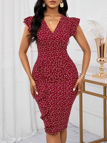 Image of Yajedo Women's Summer Bodycon Midi Dress Print Ruffled Sleeves V Neck Ruched Cocktail Pencil Dress
