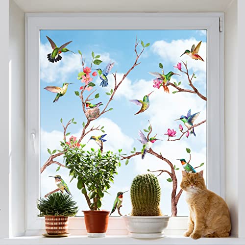 Yovkky Spring Summer Hummingbirds Tree Branches Window Clings 9 Sheets, Prevent Bird Strikes Flowers Stickers Decal Decor, Anti-Collision Home Kitchen Office Fridge Decorations Diy Supply Double Sided #TOP3