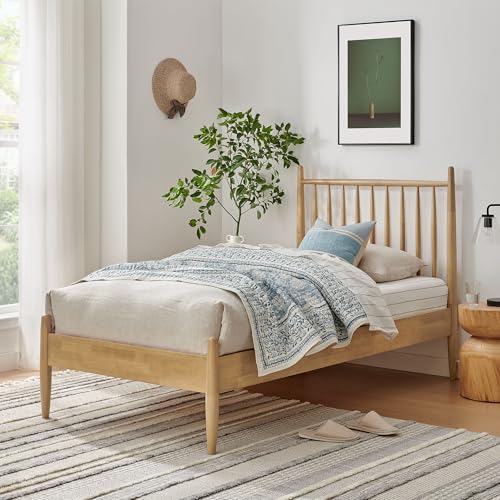 Modway Zane Twin Size Spindle Bed in Light Oak – Solid Wood Platform Bed Frame with Headboard, No Box Spring Needed
