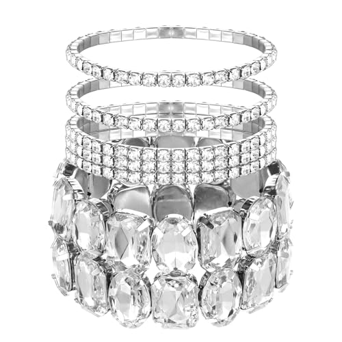 Josojoou 4-Piece Silver Rhinestone Stretch Bracelet Set