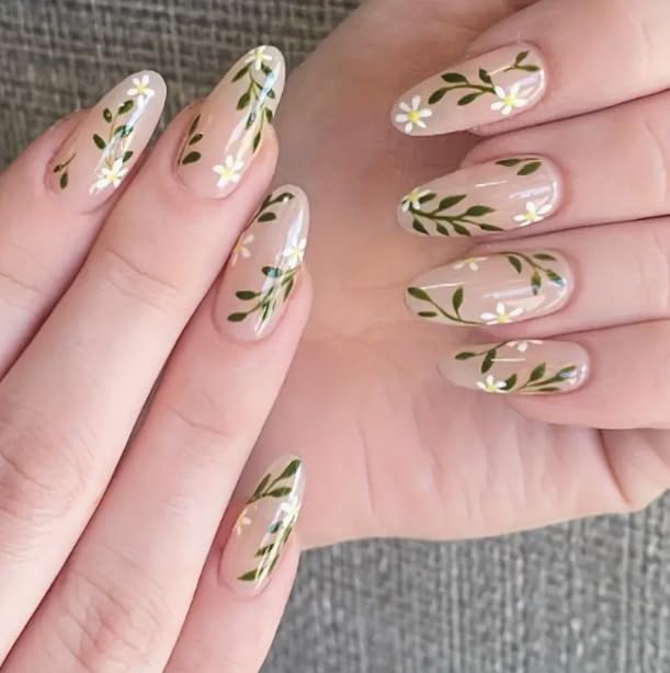 24pcs Autumn Floral & Leaf Design Press-On Nails Set, Glossy Long Almond Shape, Full Coverage Vintage Minimalist False Nails