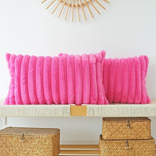 JOJUSIS Faux Fur Plush Throw Pillow Covers, Hot Pink, 12 x 20-Inch