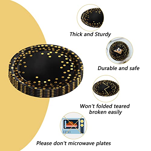 100 Pcs Disposable Paper Plates Round Gold Dots 50 X 9" And 50 X 7" Dinner Plates，Black And Gold Plates Foil Polka Dots Paper Plates Party Supplies For All Occasions #TOP4