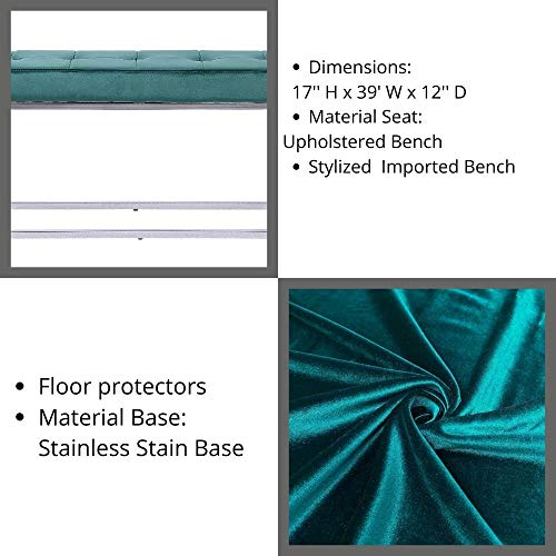 Green Velvet Upholstered Bench Ottoman, Entry Bench, Living Room Bench, Dining Room Bench with Stainless Steel Base, Modern Hallway Accent Seating Furniture by Plata Import - Image 4