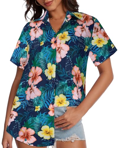 Image of Women Hawaiian Shirt Button Down Summer Tops Beach Short Sleeve Blouse