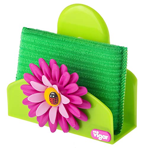 Vigar Flower Power 3-Piece Dishwashing Set, Includes Dish Brush With Holder, Sponge With Holder And Latex Dishwashing Gloves With Extra Long Cuff, Fun Floral Accents, Pink And Green #TOP5