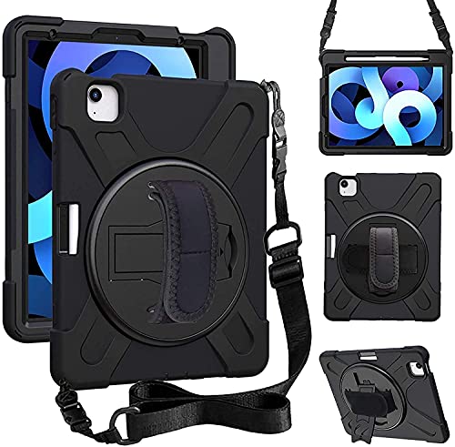 Zenrich Ipad Air 4Th Generation 10.9 Case 2020, Zenrich Ipad Pro 11 Inch Case 2021/2020/2018 With Glass Screen Protector Screen Pencil Holder Stand Hand Strap Shoulder Belt, Black #TOP1