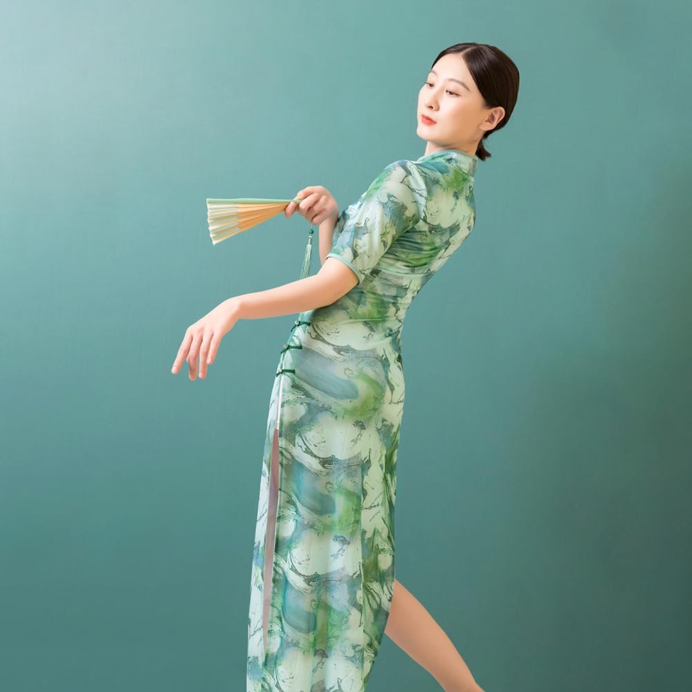 ROYAL SMEELA Chinese Qipao Dress for Women Cheongsam Dress Mandarin Collar Chinese Dresses Traditional Clothes Green