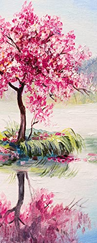 A.Monamour Sticker Porte Autocollant Poster De Porte 3D Cerisier Oriental Sakura sur Le Lac Paysage De Peinture À l'huile Vinyle Affiche De Porte Sticker...