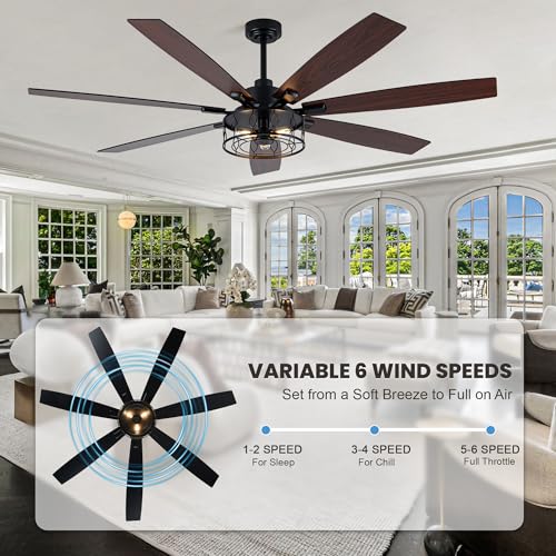 Image of Dawn Whisper 72 Inch Farmhouse Ceiling Fans with Lights Black Industrial Caged Ceiling Fans with 6 Speed Reversible Motor and Dual Finish 8 Blades Rustic Ceiling Fan for Living Room