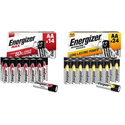 Energizer AA Batteries, Max, 14 Pack, Double A Battery Pack - Amazon Exclusive & AA Batteries, Alkaline Power, 24 Pack, Double A Battery Pack - Amazon Exclusive