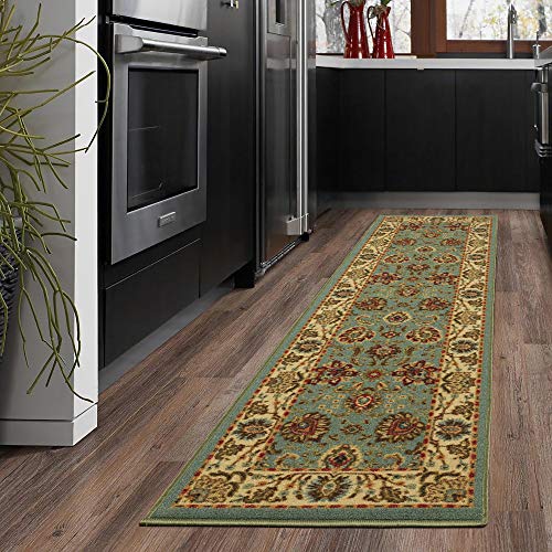 Ottomanson Otto Home Collection Style Oriental Runner Rug Skid (Non-Slip) Rubber Backing, L W, Sage Green/Aqua Blue, 20 in x 59 in, Seafoam Persian