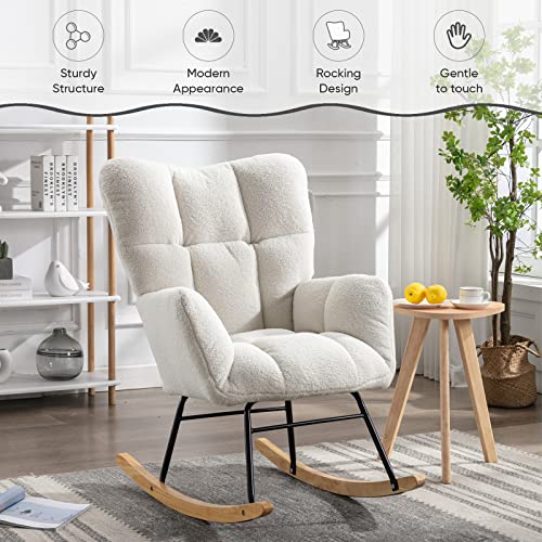 Kinffict Teddy Velvet Rocking Accent Chair, Uplostered Glider Rocker Armchair For Nursery, Comfy Side Chair For Living Room, Bedroom (Ivory+Teddy Fabric) #TOP2
