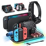 [Switch 2/1 Kompatibel]FASTSNAIL Ladestation & Orgainzer für Nintendo Switch 2/1/OLED für Joycon, Switch 2 Ständer mit 9 RGB-Modi, Lüfter, LED-Anzeige, 12 Kartenschlitze, Controller&Kopfhörerhalterung