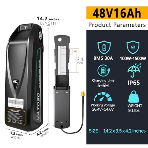 VATOSO 48V 16AH Lithium Battery, 30A BMS, Includes 2A Charger XT60 Connector, for 200W-1500W Controller Motor Power Supply Equipment,Solar Storage and More (48V16AH (with Charger)) - Thumbnail 2