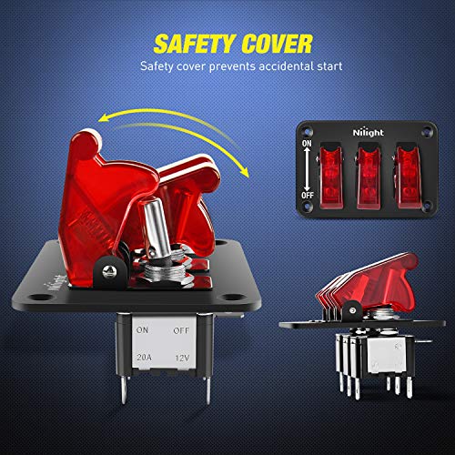 Nilight 3 Gang Toggle Switch 12V Rocker Switch Panel with LED Light and Flip Cover Heavy-Duty ON/Off Switch Plate 3 Pin SPST,2 Years Warranty