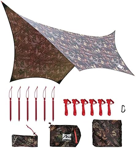 MIS 11 ft x 9 ft Hammock Rain Fly, Hex Camouflage Camping Tarp Waterproof, Backpacking Tent Footprint and Multifunctional Sun Shade Shelter Canopy – 4 in 1 Perfect for Survival Picnic Hiking