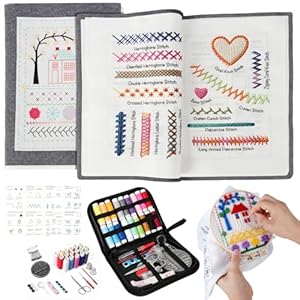 Udihch Kit de libro de punto de bordado (86 unidades), 106 patrones de bordado con tutoriales paso a paso, kit de herramientas de costura portátil, incluye hilo dental y agujas, adecuado para