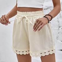 Mnking Shorts Damen Sommer Kordelzug Badeshorts Cover Up Elastisch High Waist Kurze Hose Leicht Atmungsaktiv Strandshorts mit Spitzenbesatz für Pool Strand Urlaub KZ8528W-Beige-L – Ansicht 2