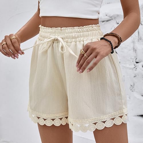 Mnking Shorts Femmes Été Cordon de Serrage Short de Bain Cover Up Élastique Taille Haute Léger Respirant Short Plage avec Bordure en Dentelle pour Piscine Plage Vacances Beige S – vue 2