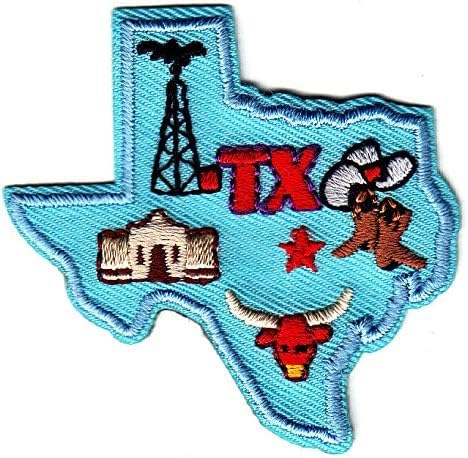 Texas State Shape Iron On Patch Featuring Cowboys, The Alamo,