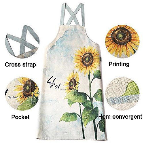 Luchuan Warm Sunflower Linen Kitchen Apron For Women With Side Pocket And Cross Strap (Sunflower) #TOP2
