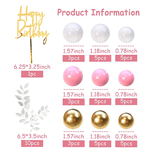 Pink Balls Cake Topper Boho Grass Cake Topper Pink White Gold Pearl Balls Happy Birthday Cake Decorations For Wedding Baby Shower Birthday Boho Themed Party Supplies (Pink) #TOP28