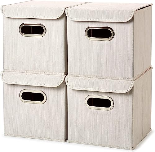 EZOWare Cajas de Almacenaje de Tela Plegable con Tapa, Cestas Cubo de Almacenamiento con Asas para Juguetes, Ropa, Armario, Dormitorio - Beige bambú, 4 unidades, 25x25 cm
