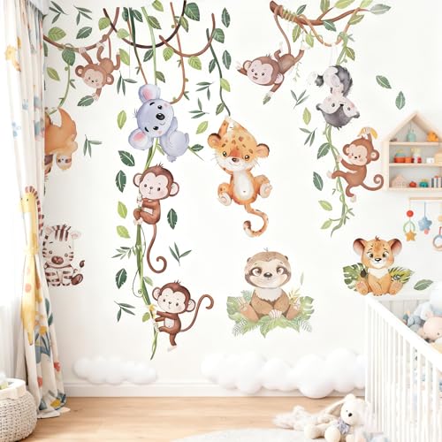 Stickers Muraux Animaux de la Jungle Tropicales Feuilles Branche Autocollant Lion Singe Léopard Koala Zèbre Mural Décoration Murale pour Chambre Enfants Bébé Pépinière Salon