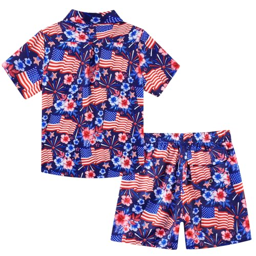 Image of UNICOMIDEA Boys 4th of July Outfits Kids Patriotic Independence Day Tropical Short Sets for 5-12 Years