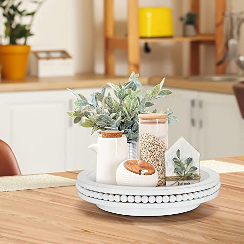 Farmhouse Lazy Susan Organizer,Decorative Tray Riser,Lazy Susan For Table,Counter Lazy Susan Turntable Organizer With Beads,360 Degrees Rotating Display Stand For Spice Racks,Centerpiece Tray,White #TOP1