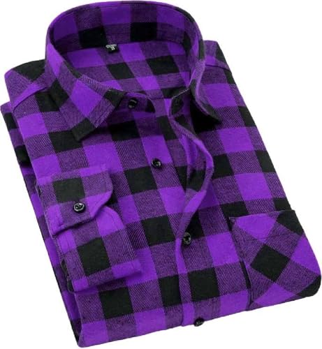 Cromoncent Men's Casual Plaid Flannel Long Sleeve Button Down Shirt,Purple Black,Medium