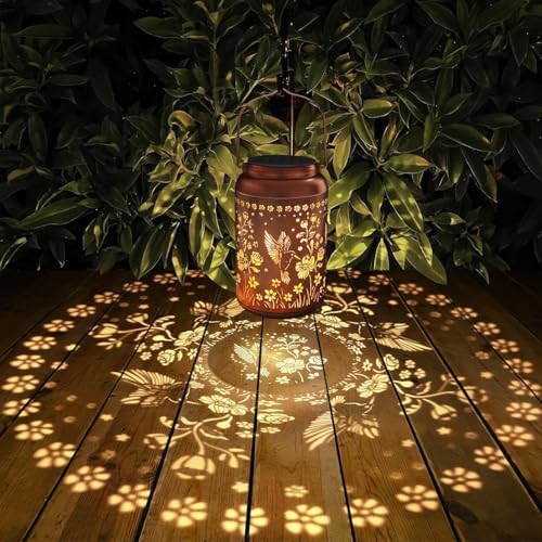 Image of Solar Hanging Lantern Outdoor Waterproof, Metal Jar Light with Hummingbird Floral Cut Design, Warm LED Decorative Garden Light for Balcony, Patio, Yard & Gift for Mothers Day (1)