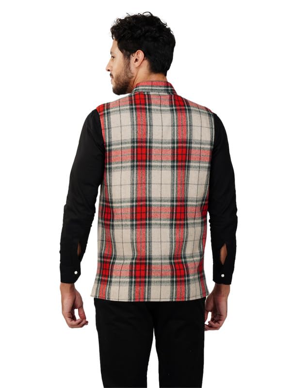 Image of Vastraa Fusion Men's Blue & Grey Chequered Woolen Blended Festive Nehru Jacket /Waistcoat