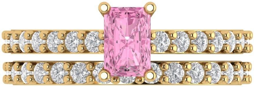 Women's 18K Yellow Gold Emerald-Cut Pink Diamond Solitaire Bridal Set with Eternity Band (1.325 cttw)