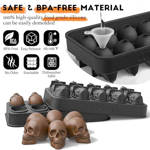 Image of LUSHYUM Ice Cube Mold Tray 3D Skull Mold, 2Pack BPA-Free Skeleton Head Maker Mold, Flexible & Easy Release Skull Molds for Baking Whiskey Cocktail Chocolate Resin, Ideal Gift for Halloween Party