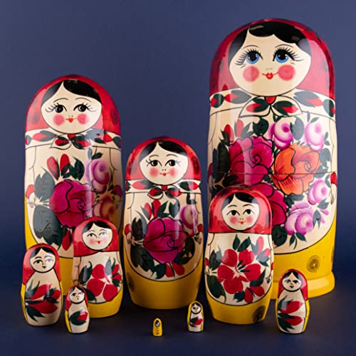 Heka Naturals Semyonov Red Nesting Dolls | All Natural Wooden Matryoshka Doll Set Of 10 (9.85 Inch) - Traditional Babushka Home Decor, Wooden Stacking Dolls, Vintage Handmade Shape #TOP1