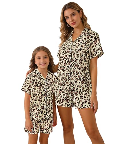 MyFav Mommy and Me Pajamas Set Mother Daughter Matching Family Sleepwear Button Down Short Sleeve Shorts Nightwear Brown,10Y