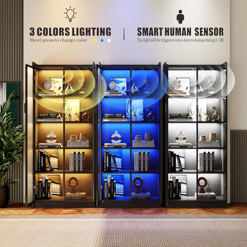Display Cabinet with Adjustable Shelves, 65" Tall Bookcase with LED Lights/Human Sensor, 5 Tier Display Case for Collectibles Bedroom Living Room Office, Black - Transparent Acrylic Doors