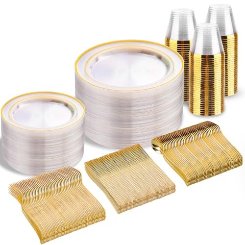 bUCLA 300Pcs Clear Gold Plastic Disposable Dinnerware Set - Clear Plates with Gold Trim Include 50 Dinner / 50 Dessert Plates,50 Cups,150 Plastic Silverware Set for Party