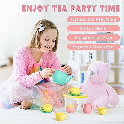 JOYIN Pretend Play Tea Party Set Play Food Accessories BPA Free Phthalates Free Plastic Tea Set, Gifts for Toddler Boys Girls Ages 1,2,3,4,5,6 Years Old (Colors May Vary)