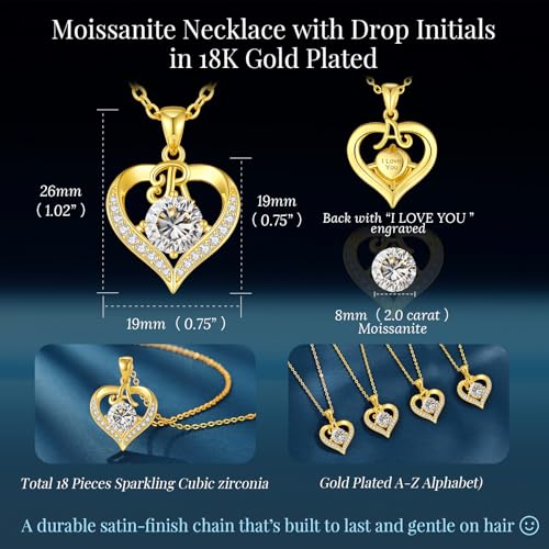 CDE 18K Gold Plated Initial Love Heart 2 Carat Moissanite Necklaces for Women 925 Sterling Silver Jewelry Christmas Anniversary Birthday Present Gifts for Wife Lady Girlfriend Her by CDE - Image 4
