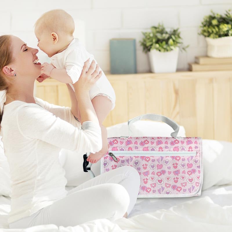 Baby Portable Diaper Changing Pad - Baby Changing Pad & Diaper Changer Travel Bag (Pink Love)
